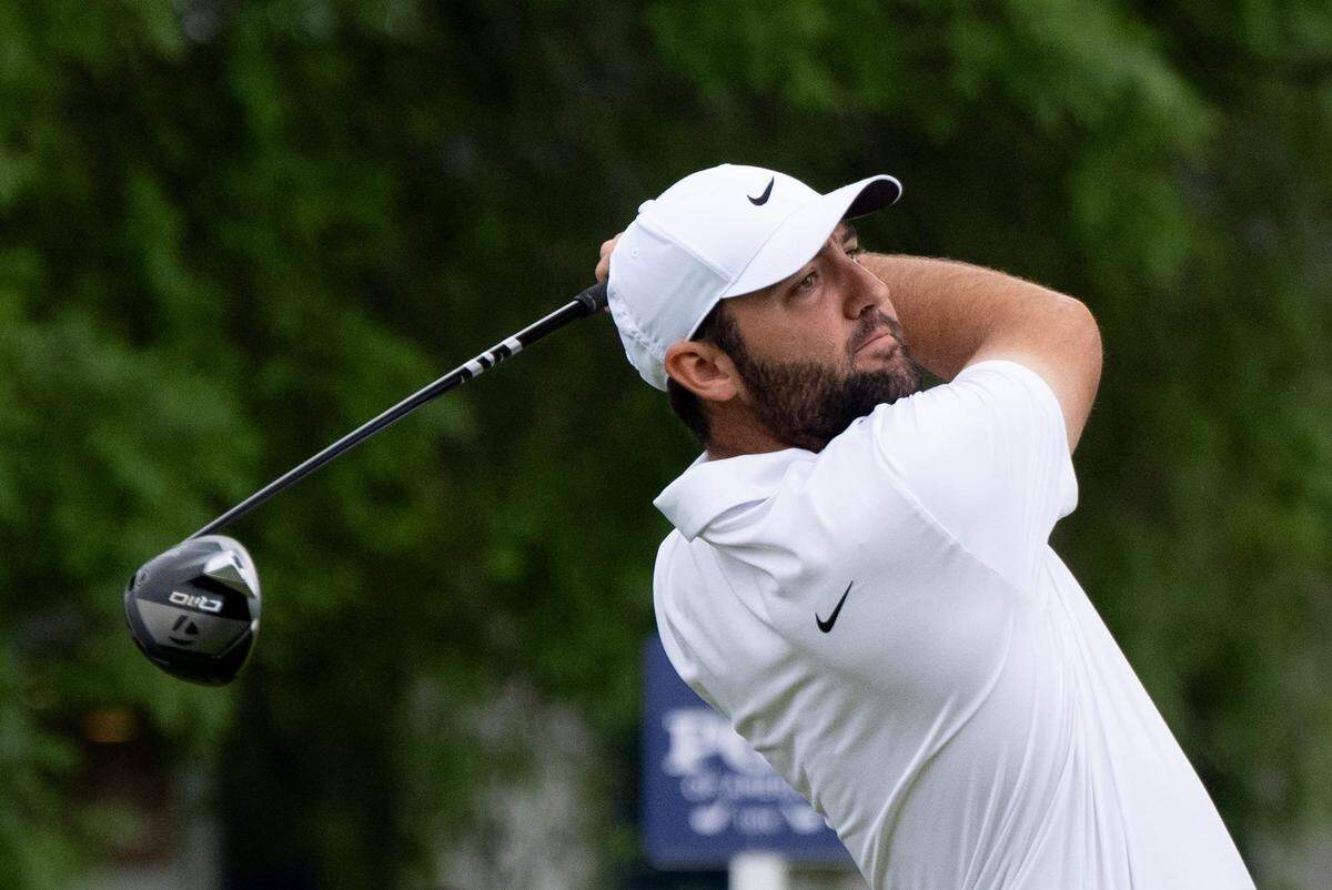 Scottie Scheffler tees off on the 10th hole during day three of practice for the PGA Championship at Valhalla Golf Club on Wednesday, May 15, 2024.