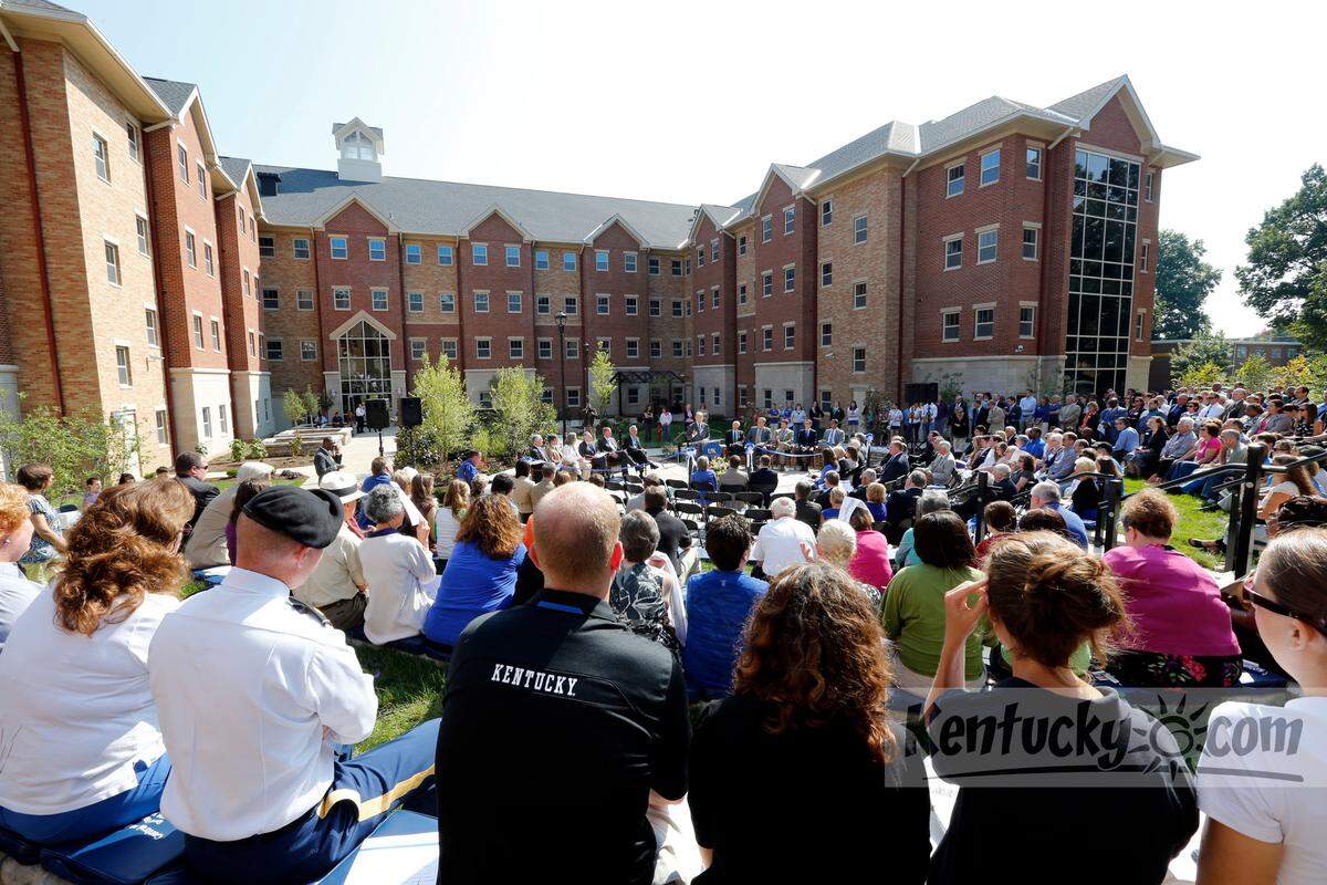 UK pres. Eli Capilouto spoke during a ribbon cutting and dedication ceremony for the new UK residential dorms, Central Halls I and II, at the intersection of Hilltop Avenue and University Dr. in Lexington, Ky., Friday, August 16, 2013. A ribbon cutting ceremony was held after the tour. The 601-bed community, the first phase of a public-private partnership to revitalize on-campus residence halls, includes classrooms and meeting spaces along with up-to-date accommodations and state-of the-art technology to enhance the living and learning experience for students. Photo by Charles Bertram | Staff