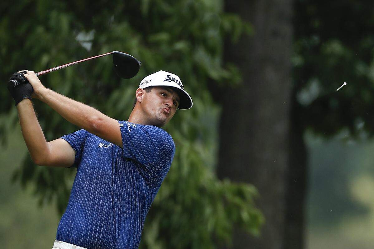 Stephen Stallings Jr. tees off on hole 3 during the first day of the Barbasol Championship at Keene Trace Golf Club in Nicholasville, Ky., Thursday, July 7, 2022.