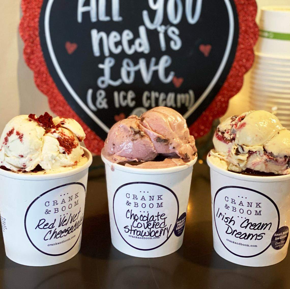 For Valentine’s Day, Crank & Boom is offering three special flavors: Irish Cream Dreams made with Baileys, raspberry sauce and dark Belgian chocolate bombe sauce, Red Velvet Cheesecake, vanilla bean cheesecake ice cream with red velvet cake crumb mixed in, and non-diary vegan Chocolate Covered Strawberry, made with fresh local strawberries from VanMeter Family Farms mixed into a coconut cream base with homemade chocolate bombe sauce rippled throughout.