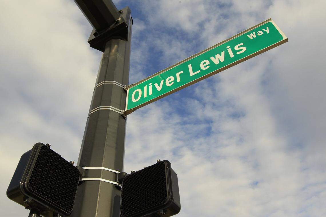 A sign for the Oliver Lewis Way overpass in Lexington. It is named for the jockey, a Fayette County native, who won the first Kentucky Derby aboard Aristides.