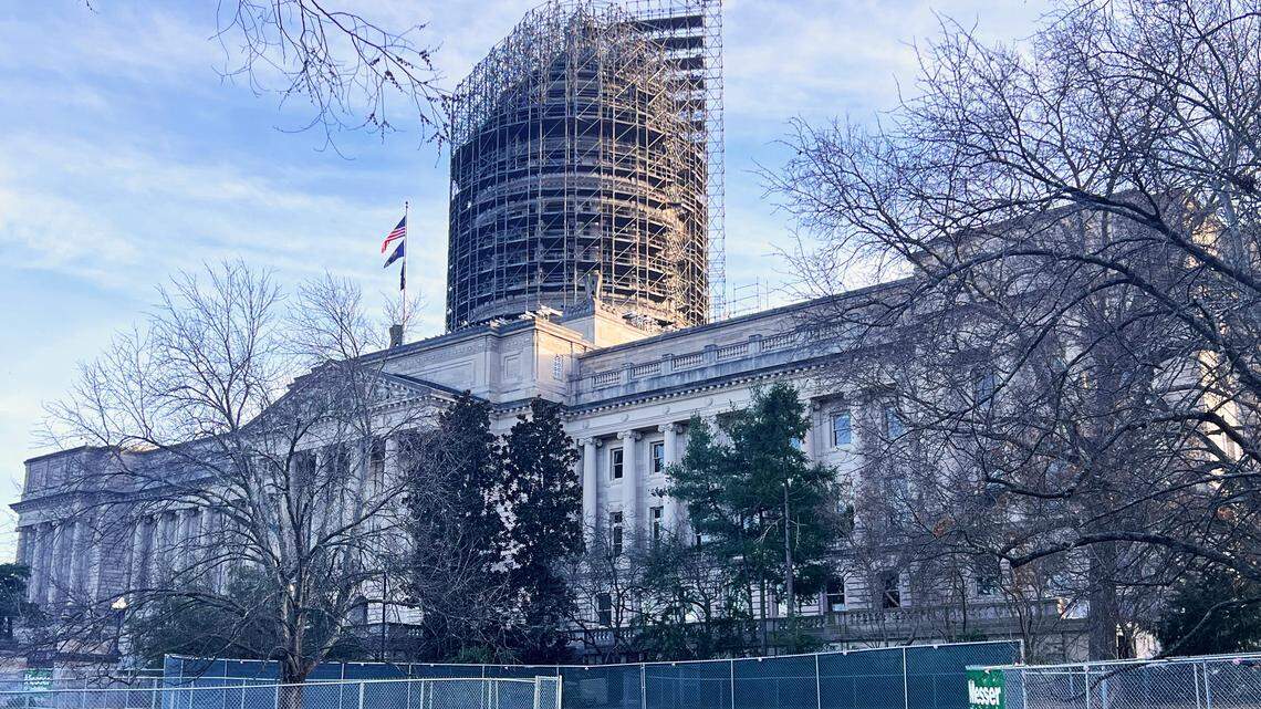 Scaffolding surrounds the Rotunda of the Kentucky Capitol building, currently undergoing renovation, on January 6, 2026, in Frankfort, Ky.