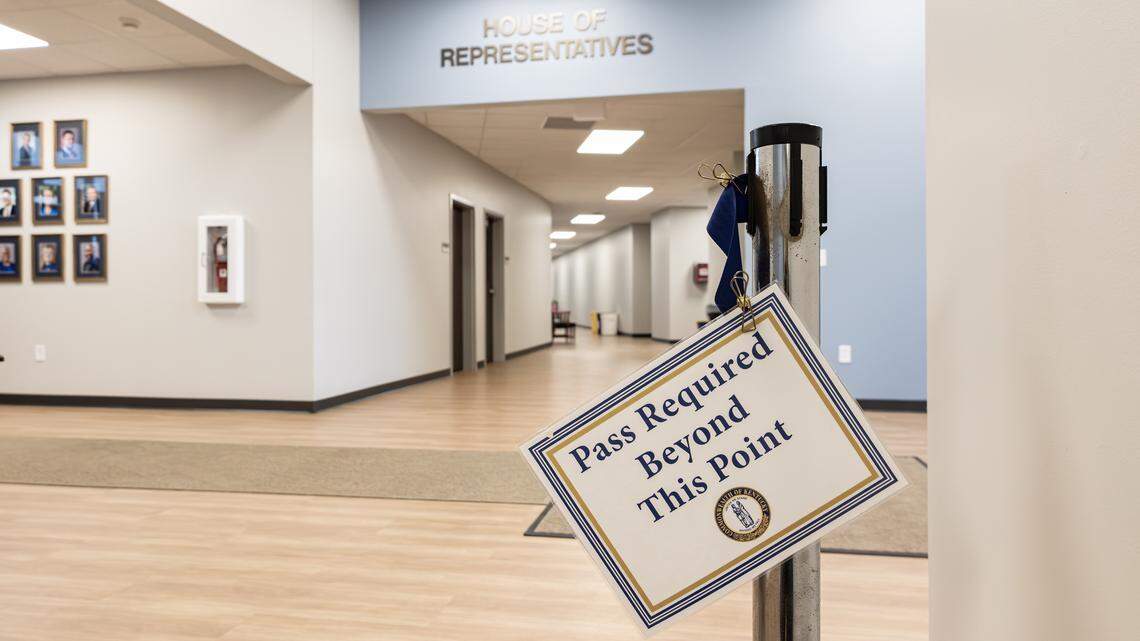 “Pass Required” signage leading to the House of Representatives entry way in the Kentucky General Assembly’s temporary chambers, constructed near the Capitol Annex due to Capitol renovations on January 9, 2026, in Frankfort, Ky.