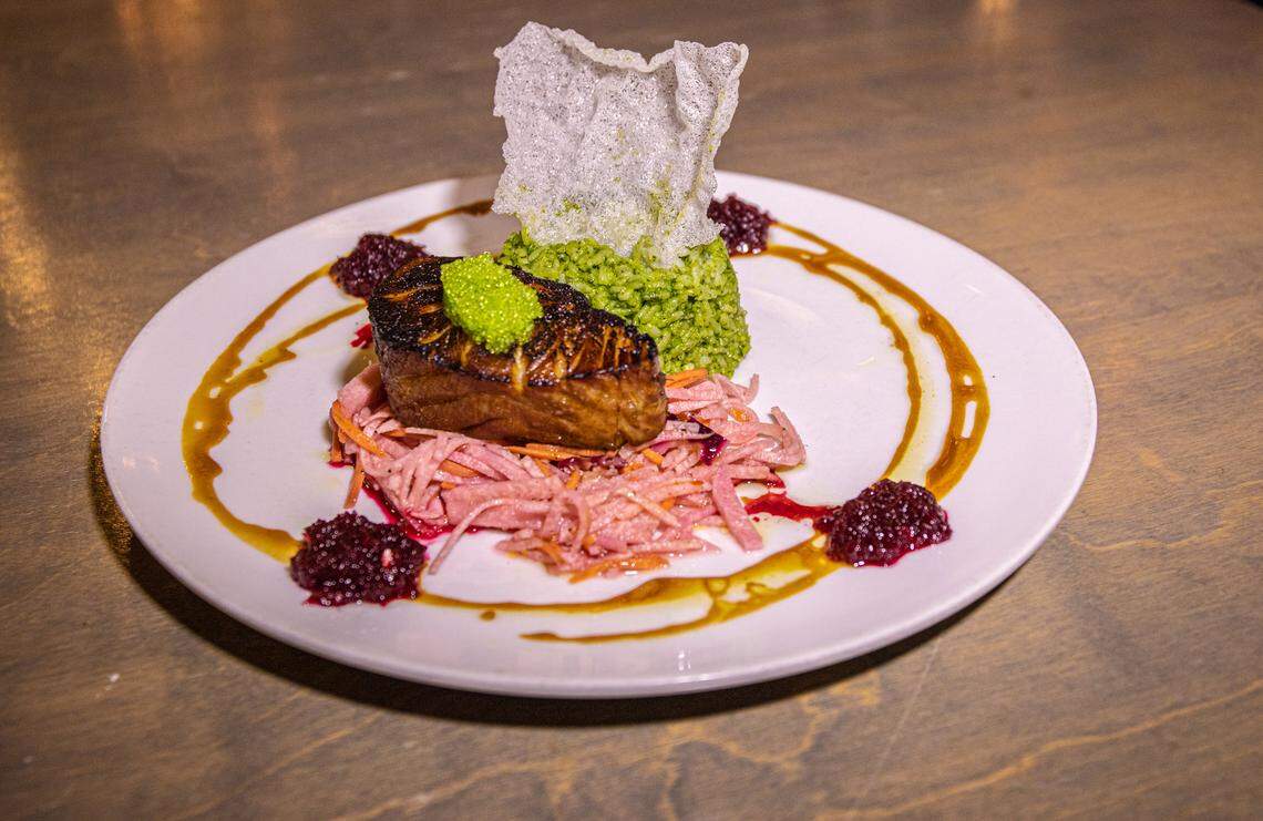 Lure’s Drunken Seabass, Ginger and Beet Putee, jicama slaw with miso pesto bamboo rice.