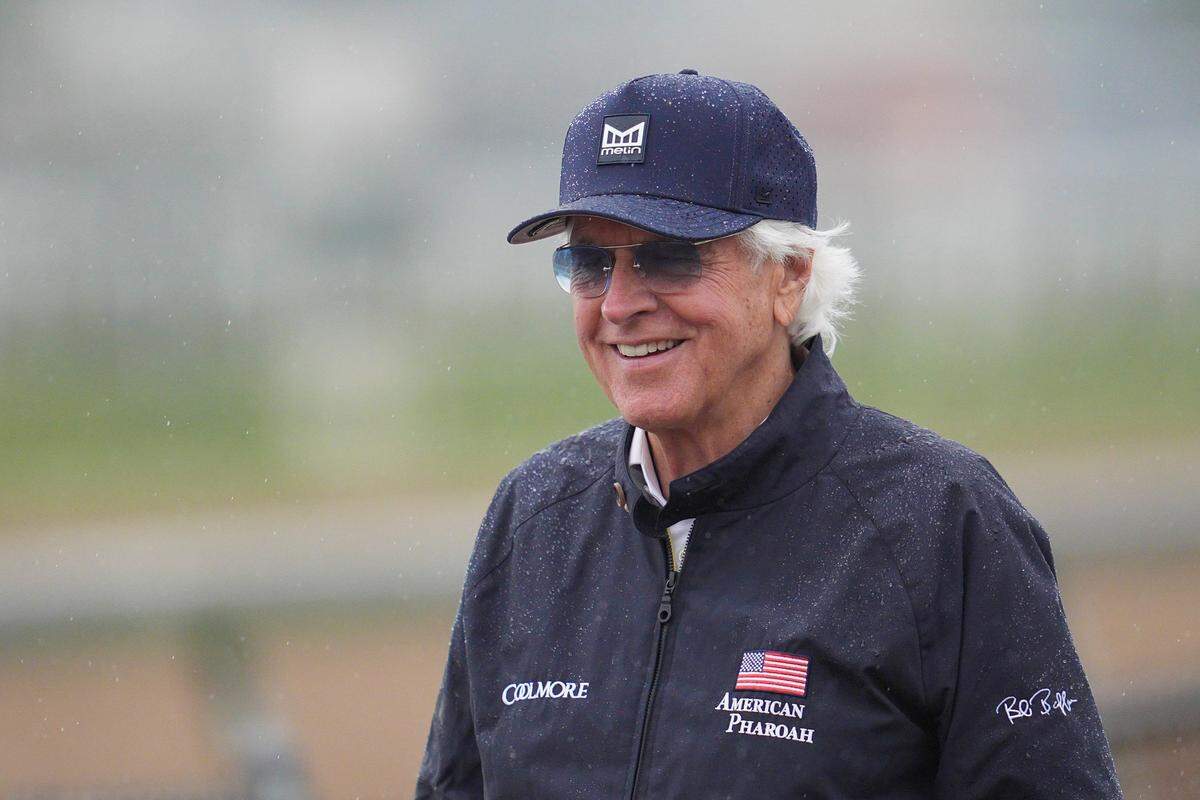 Trainer Bob Baffert enjoyed being on the backside Friday morning during training at Churchill Downs in Louisville, Kentucky. Baffert returned to Churchill Downs for the Kentucky Derby after a three-year suspension. Baffert has two horses, Citizen Bull and Rodriguez, in the 2025 Kentucky Derby. April 25, 2025.