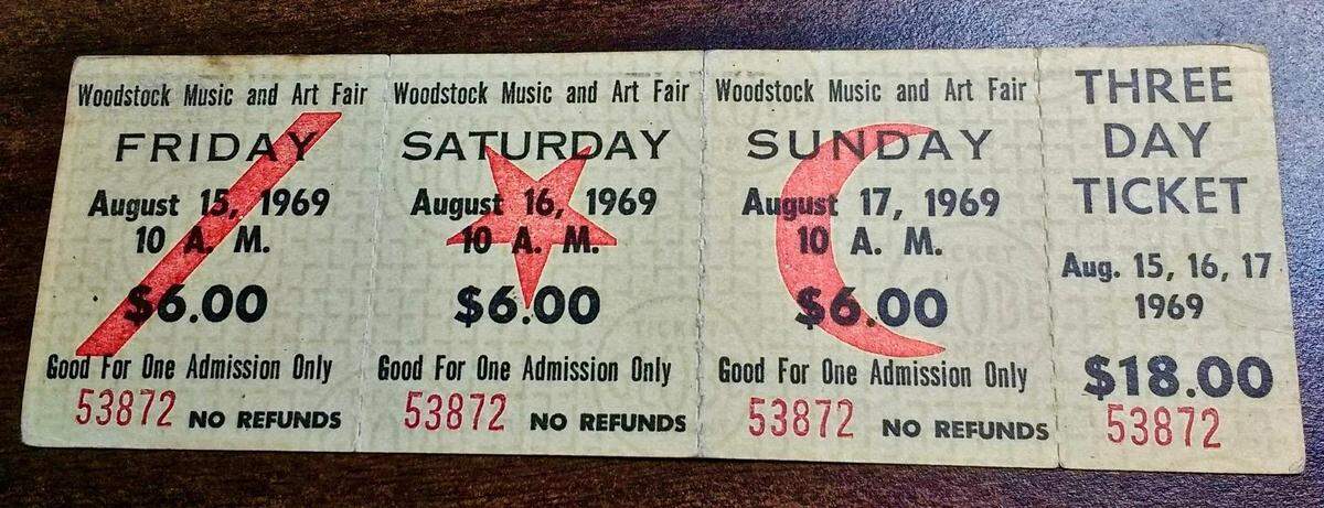 A three-day strip of Woodstock tickets, at $6 a day.