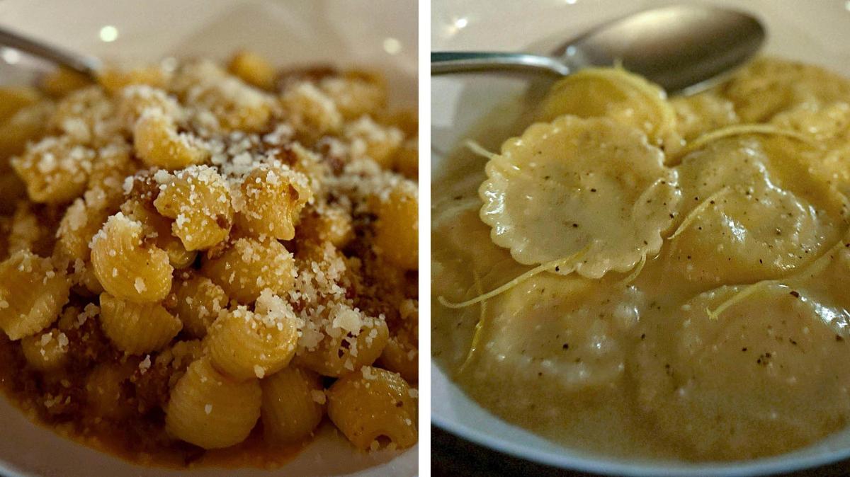 At left, Mileta’s homemade Lumache pasta tossed with a ragu of Jake’s Country Sausage with fiery Calabrian peppers and Parmigiana Reggiano ($24). While at right is ricotta and lemon filled Fiori in a sauce of pecorino and grand padano cheeses with lemon and black pepper ($24). The dish is one of the most popular pastas on the menu but will likely be coming off soon chef Alex Green says. “In my mind, you should not be able to order the same thing in January as you do in July, because they don’t grow at the same time.” said Green, referring to the fresh lemons needed for the dish.