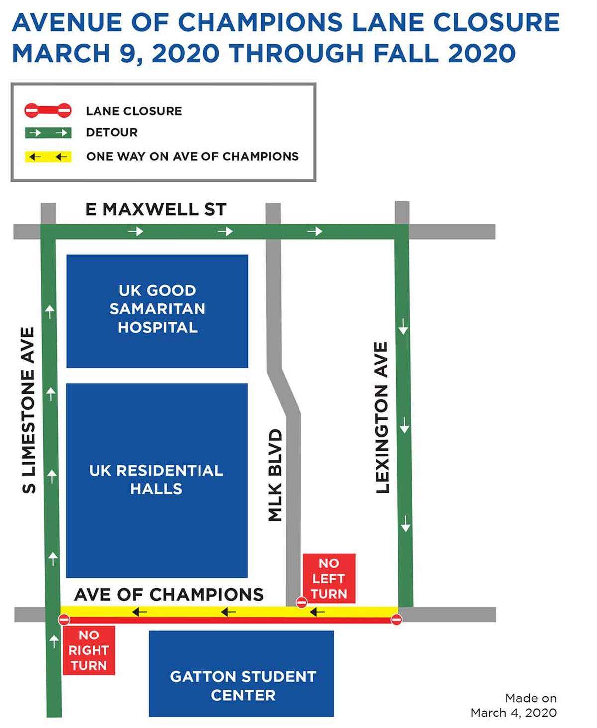 Avenue of Champions will be restricted to one lane from South Limestone to Lexington Avenue beginning Monday, March 9. The road will be restricted to one lane for months to allow for the replacement of a sewer pipe.