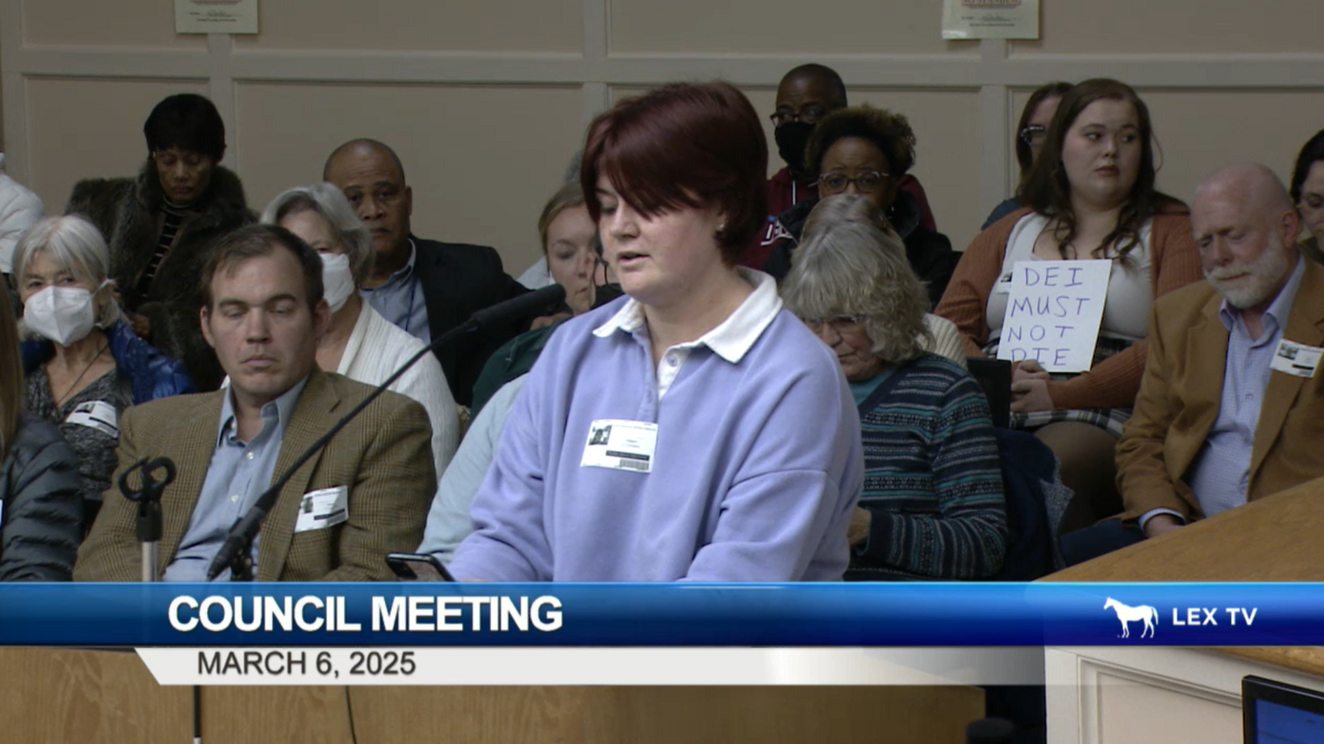 Rory Hefner Templar speaks in favor of preserving the DEI officer position in the Lexington city government at a city council meeting on Thursday, March 6, 2025.