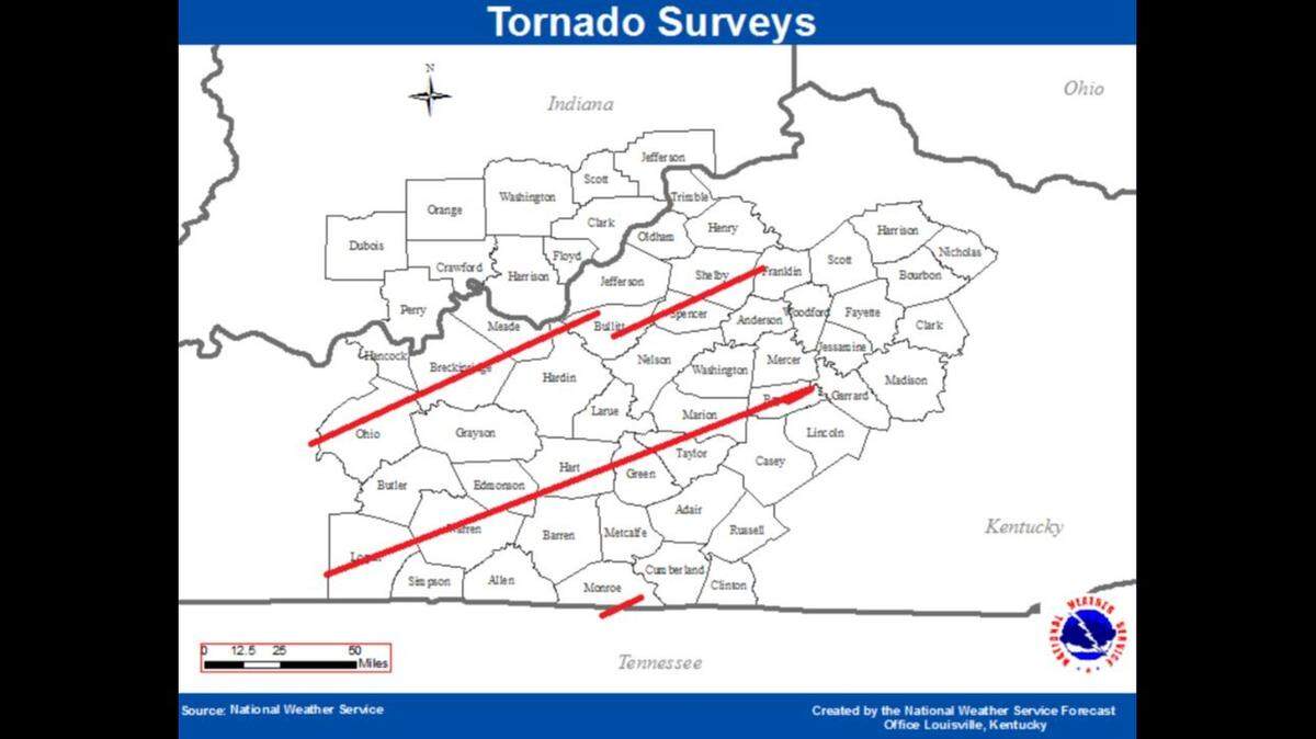 Tornado damage surveys will be conducted along the tracks in red over the next several days, according to the National Weather Service in Louisville, Ky.