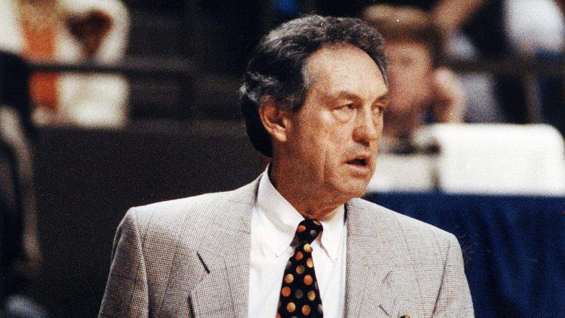 Former Kentucky coach Eddie Sutton, shown while at Oklahoma State in 1992, has a career record of 806-326 that makes him one of only eight Division I coaches with 800 or more victories.