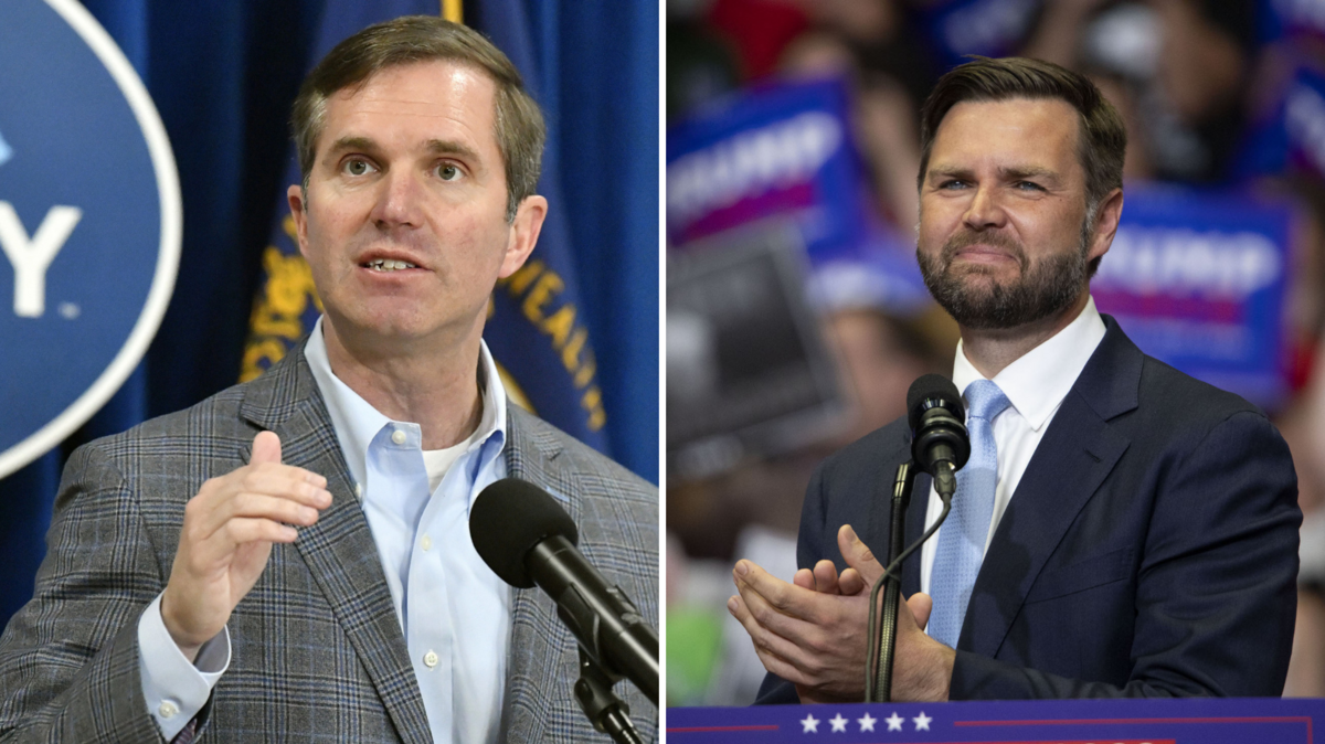 Kentucky Gov. Andy Beshear (left) speaks in the Rotunda of the state Capitol, March 26, 2024, in Frankfort, Ky. Republican Vice Presidential nominee U.S. Senator J.D. Vance (right) campaigns at the first public rally at the Van Andel Arena on July 20 in Grand Rapids, Michigan.