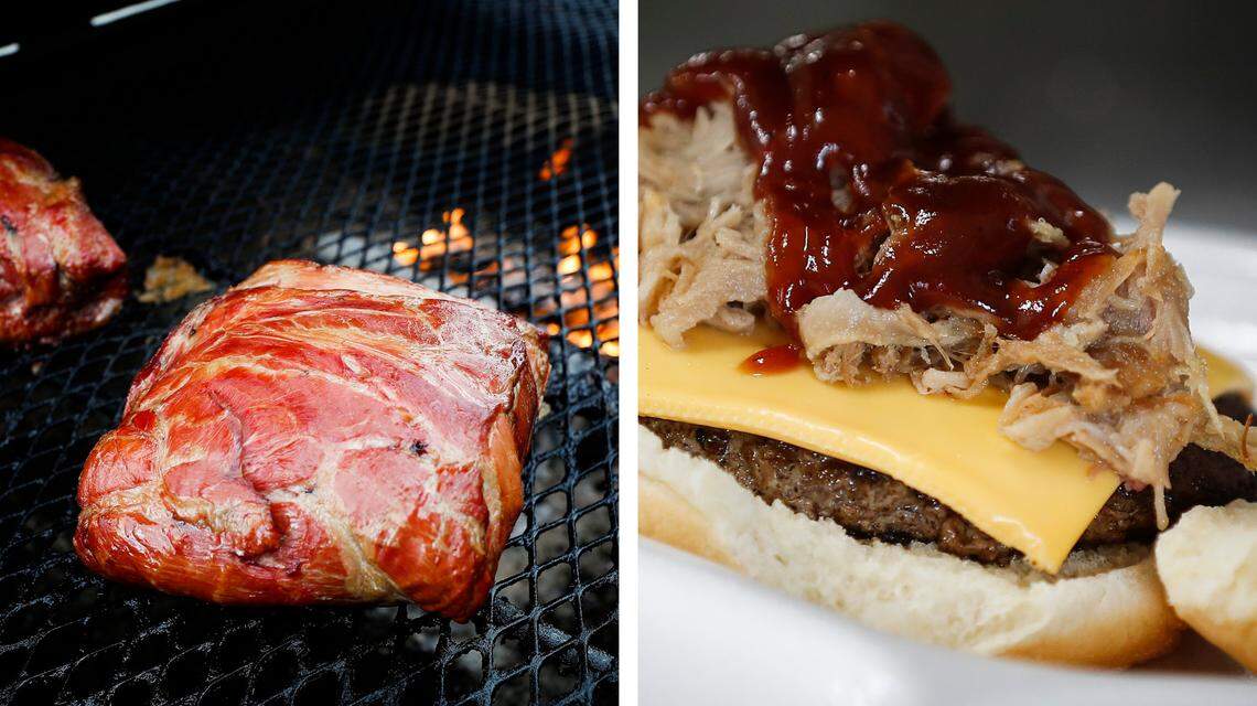 Pork butts sit in a smoker, left, and the BBQ Burger, a cheeseburger topped with pulled pork and barbecue sauce from In and Out BBQ in Winchester.