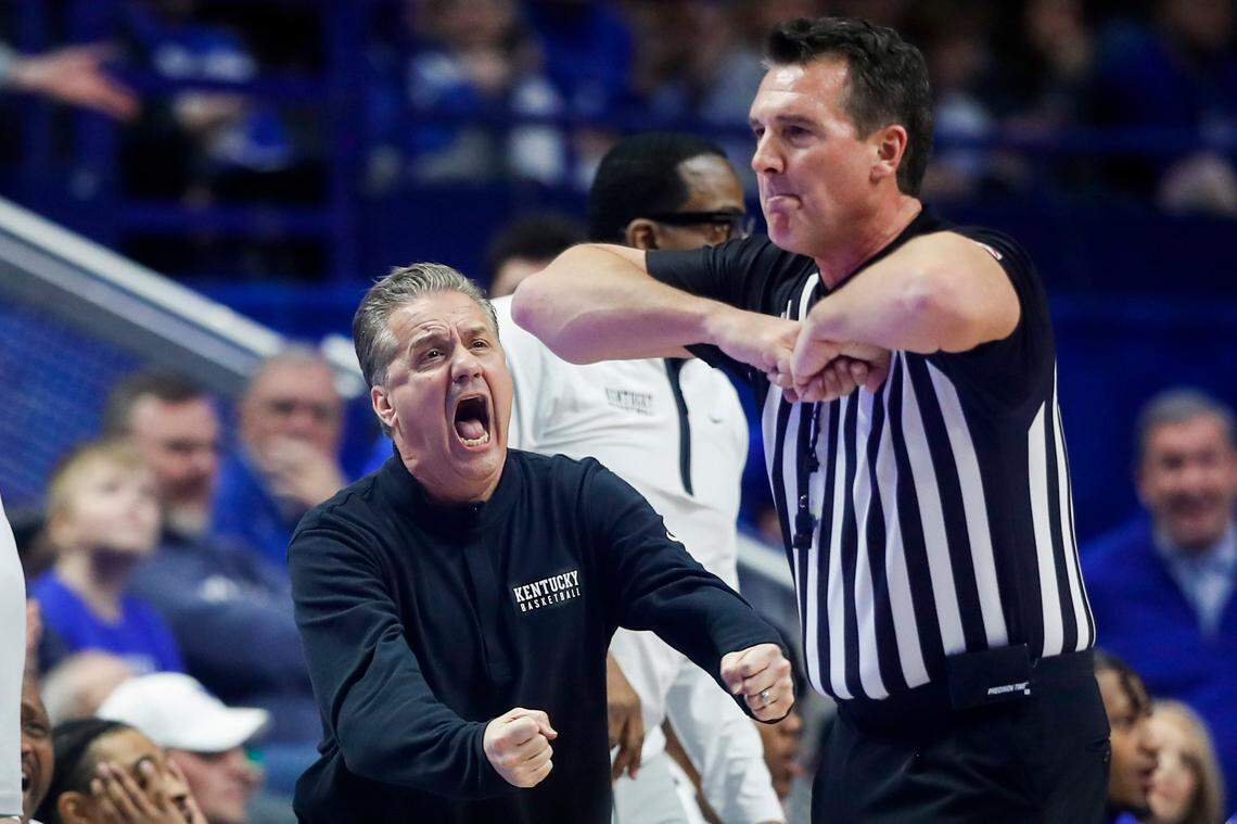 Kentucky head coach John Calipari shouts at referee Doug Shows after a foul was called during Saturday’s game against Texas A&M.