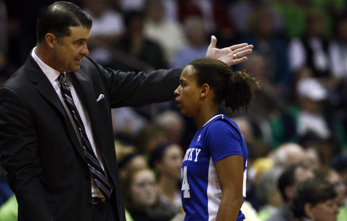 Kentucky's Matthew Mitchell offers direction to Amber Smith in the second half of the Notre Dame vs. University of Kentucky women's basketball game on Sunday, December 18, 2011, in South Bend, Indiana. Photo by Marcus Marter