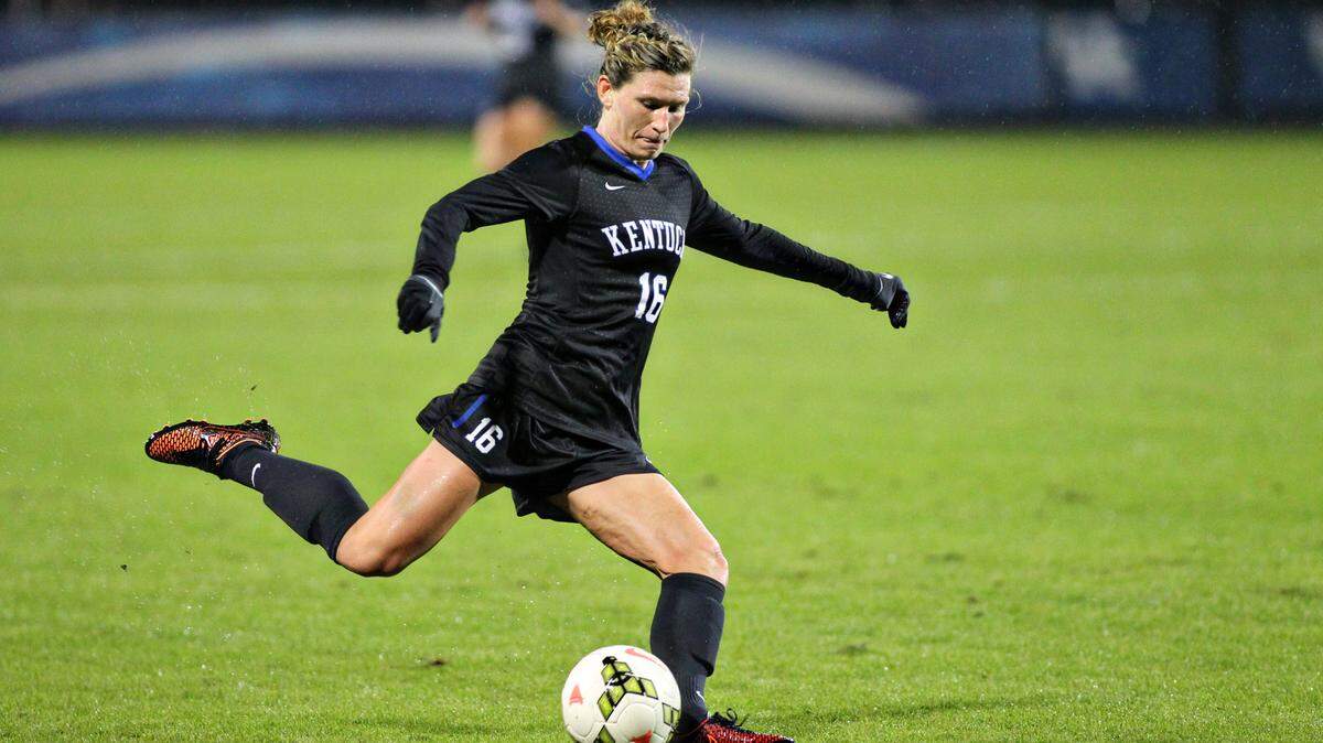 Arin Wright, who previously went by Arin Gilliland, plays for the University of Kentucky women’s soccer team against the University of South Carolina in October 2014 at the Bell Soccer Complex. After playing at Kentucky, Wright has enjoyed a lengthy professional career in the National Women’s Soccer League with the Chicago Red Stars, as well as in Australia.