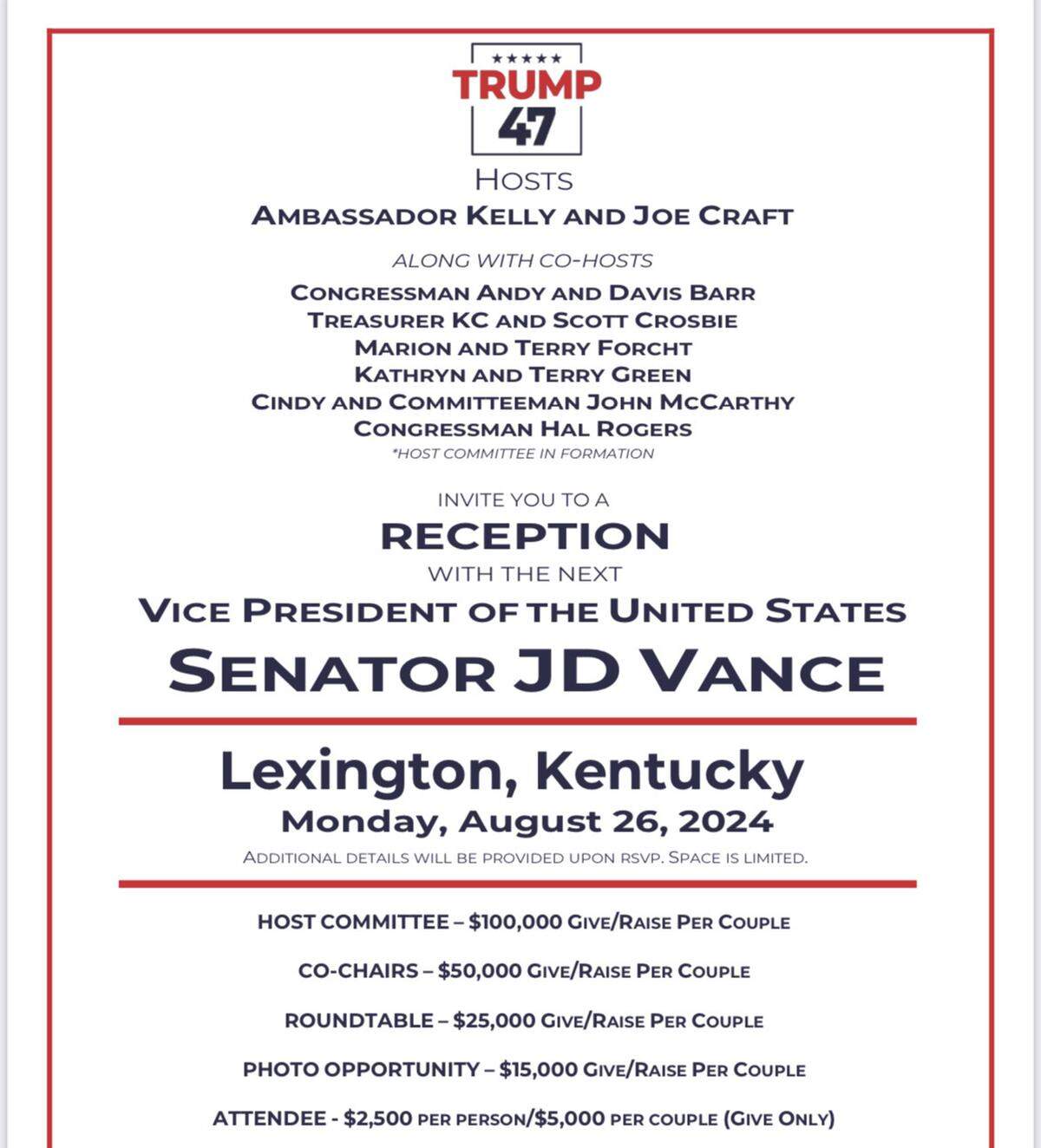 A copy of the updated invitation to attend a fundraiser for the Trump campaign in Lexington.