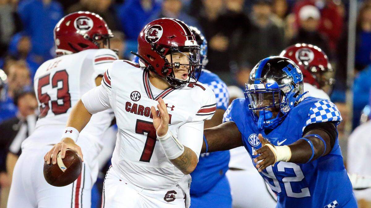 South Carolina quarterback Spencer Rattler (7) threw for 177 yards and a touchdown while directing the Gamecocks to a 24-14 win over Kentucky last season in Lexington.