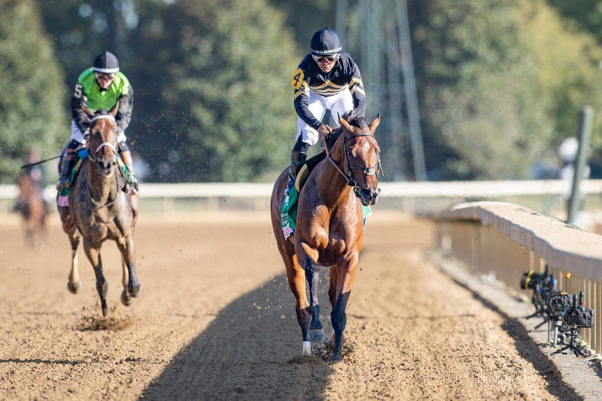 Gin Gin, with jockey Luis Saez up, won the Grade 1, $650,000 Juddmonte Spinster on Oct. 5 at Keeneland Race Course. Gin Gin is trained by Brendan Walsh and is a Calumet Farm homebred.