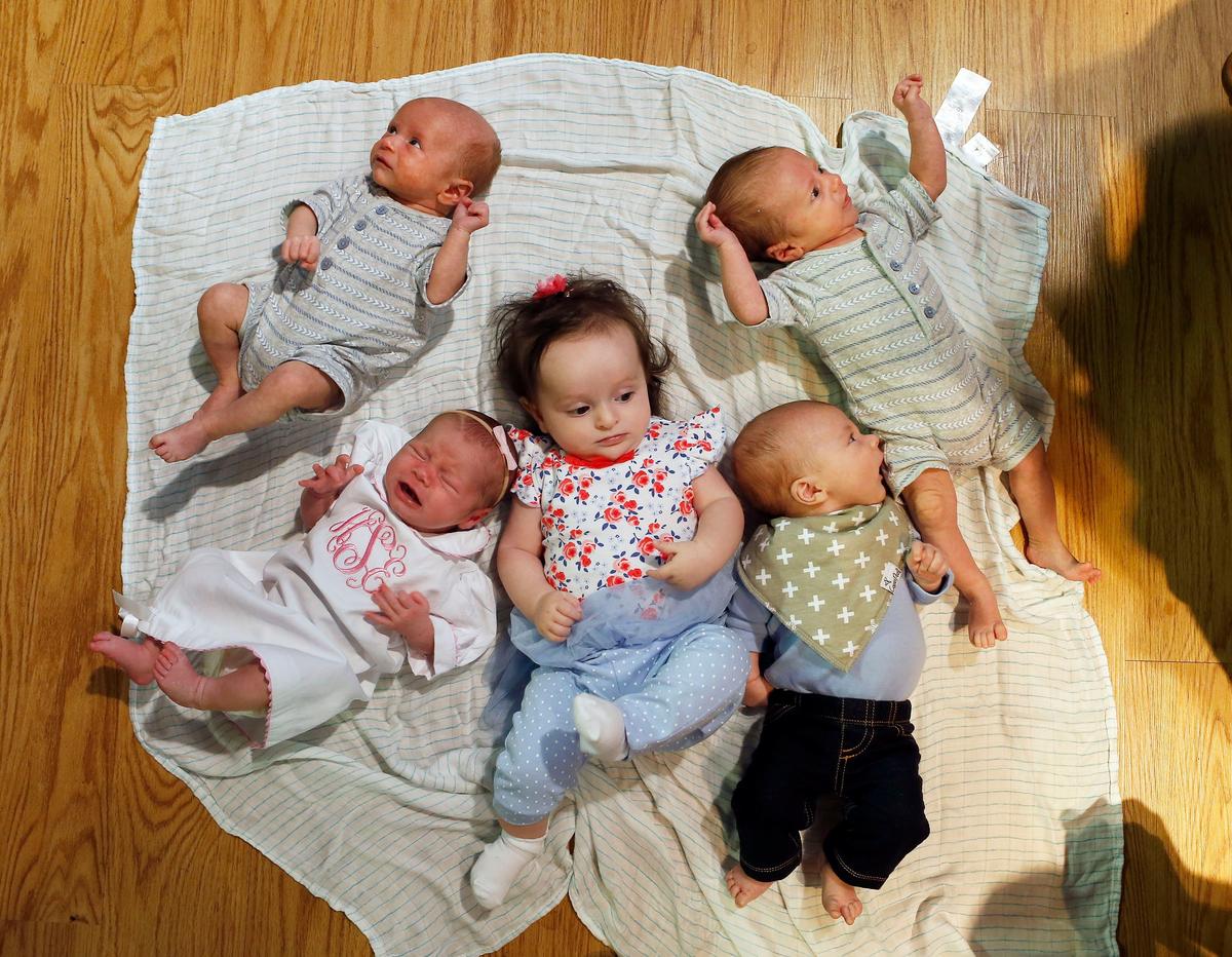 Five babies recently born to reporters and anchors were photographed Tuesday morning at the WKYT studios on Winchester Road. Lauren Minor’s twin sons, Finn and Nash are at the top. Hillary Thornton’s daughter Hadley Smith is bottom left. Victor Puente’s daughter Verasette (Vera) is in the middle. Kristen Kennedy and Lee K. Howard’s son, Kingston Howard is at bottom right.