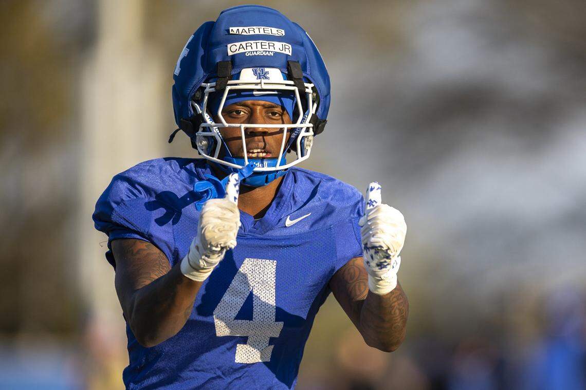 Kentucky's Martels Carter runs during a drill at practice at the Joe Craft Football Training Facility in Lexington, Ky., on Tuesday, April 7, 2026.
