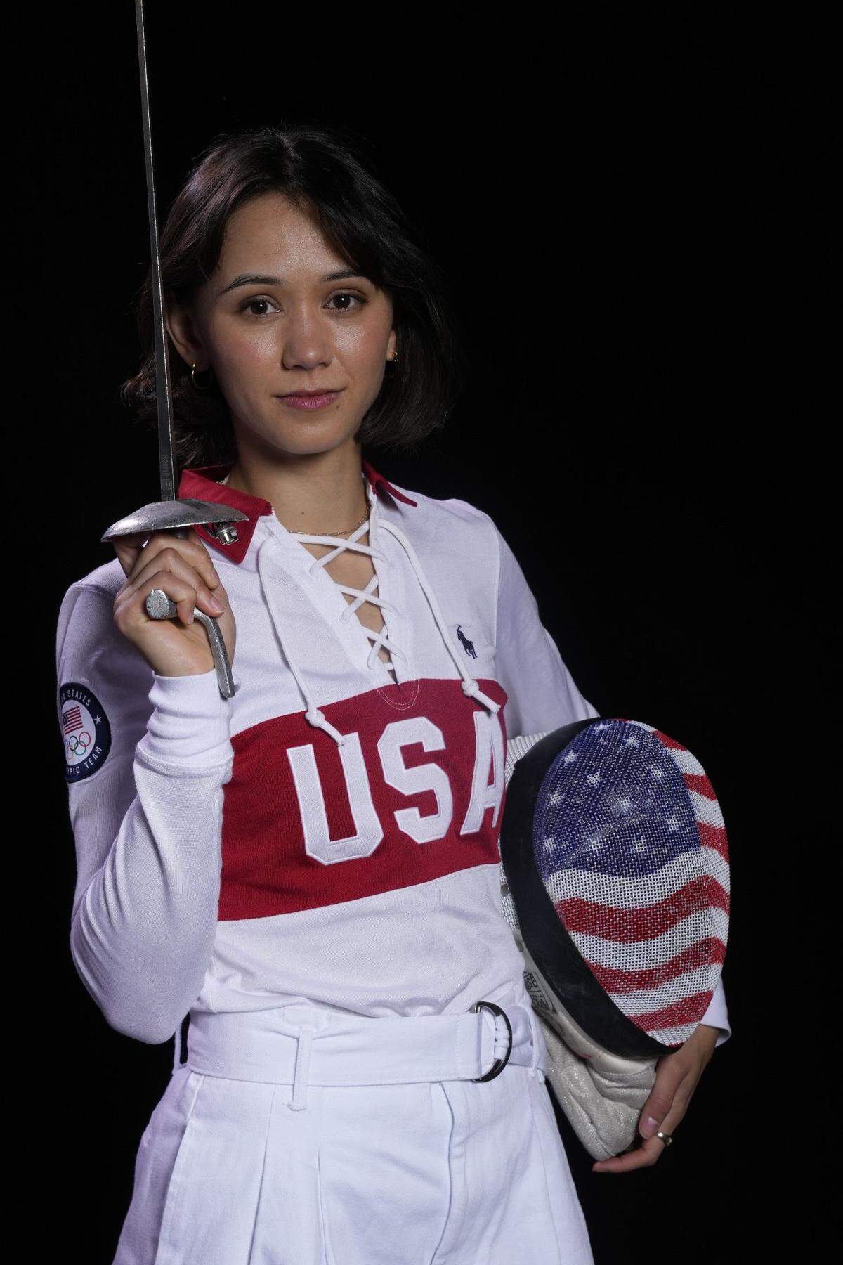 Apr 16, 2024; New York, New York, USA;  U.S. Olympic athlete Lee Kiefer poses for a photo at the USOC Media Summit in preparation for the Paris 2024 Olympic Summer Games at Mariott Marquis. Mandatory Credit: Robert Deutsch-USA TODAY Sports
