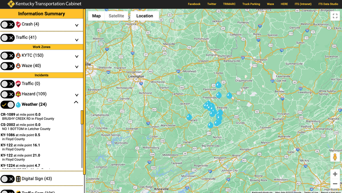 An interactive map from the Kentucky Transportation Cabinet shows active road closures due to the flooding across Eastern Kentucky.