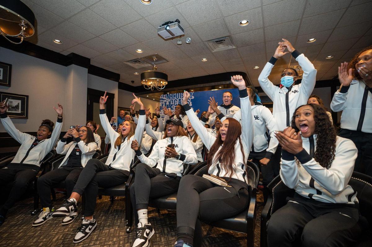 The UK women’s basketball team reacts to learning their seed for the NCAA Tournament during a watch party on March 13 in Lexington. The Cats will play against Princeton in Bloomington, Indiana.