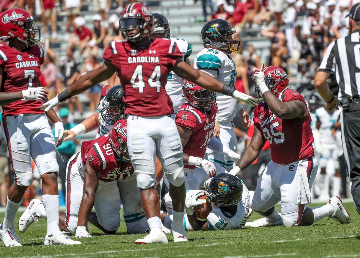 South Carolina’s defense stopped Coastal Carolina running back Marcus Outlow on third down during the second half of the Gamecocks’ opener. This season, South Carolina is allowing opponents to convert on third downs just 24.2 percent of the time.