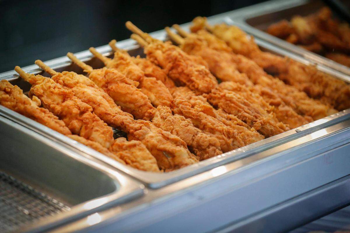 Fried chicken on a stick at the Chicken on a Stick booth at the Lexington Lions Club’s Bluegrass Fair at Masterson Station Park in Lexington, Ky., Friday, June 11, 2021.