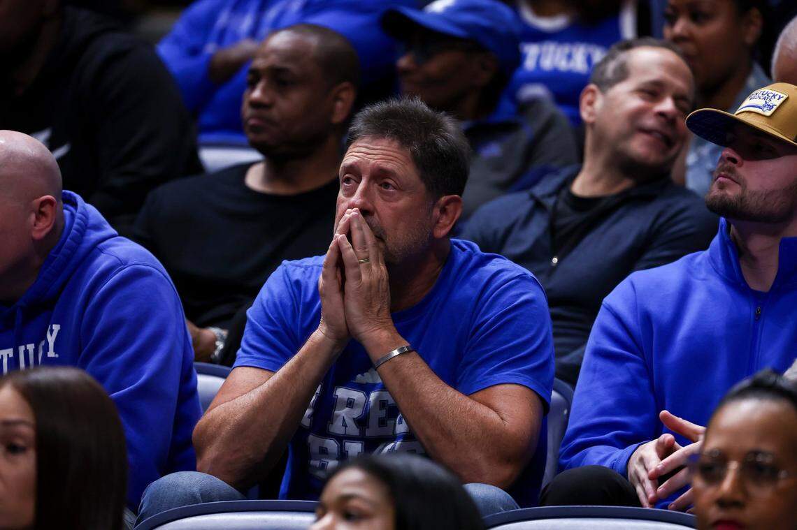 Kentucky fans react at the end of the team’s SEC Tournament quarterfinals loss to Texas A&M.