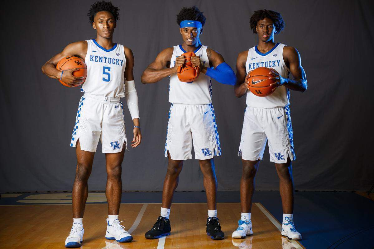 Kentucky boasts three players capable of manning the point guard position this season in sophomore Immanuel Quickley, left, sophomore Ashton Hagans, center, and freshman Tyrese Maxey, right. Hagans is the incumbent starter.