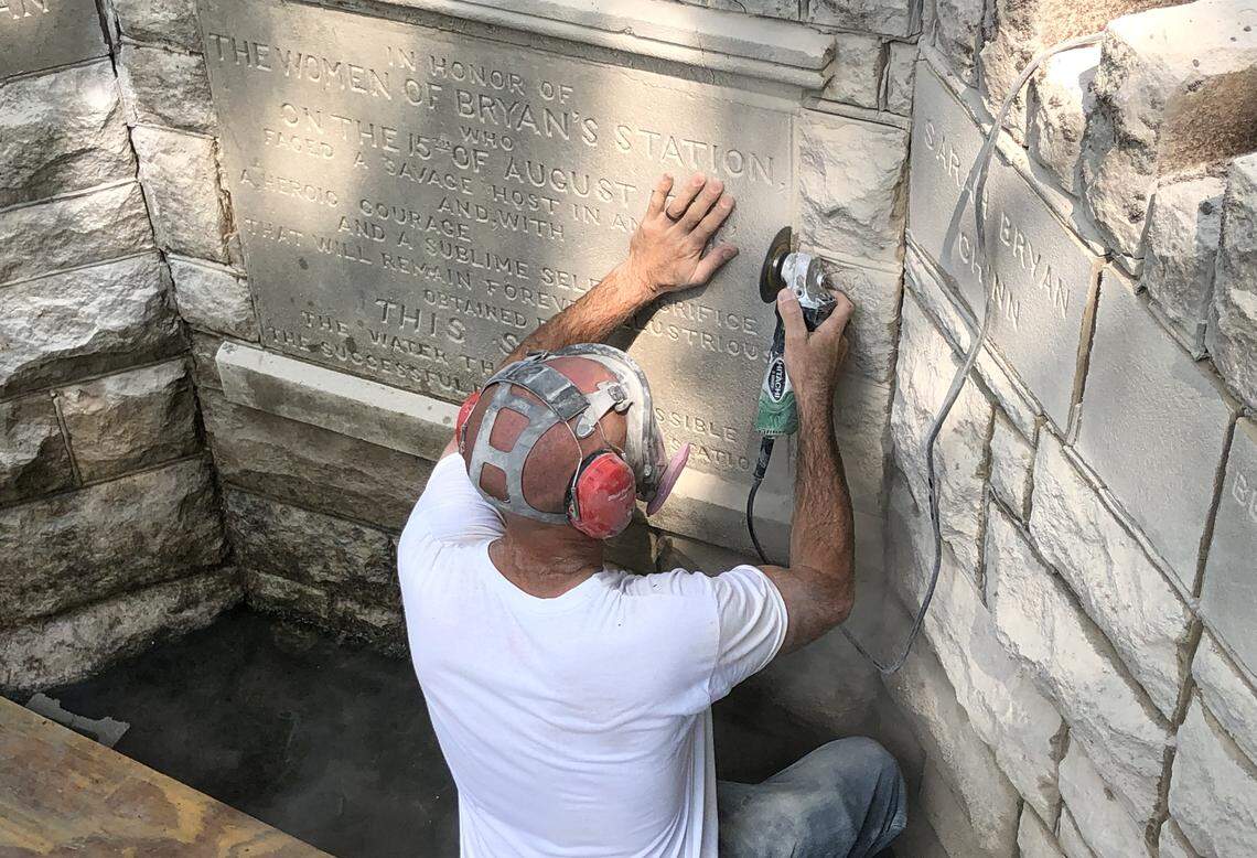 Stuart Joynt has restored the historic Bryan Station Monument, which was erected in 1896 by the Lexington chapter of the Daughters of the American Revolution. It honors the women who went to spring for water despite being surrounded.