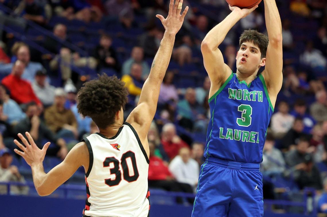Reed Sheppard (3) scored 23 points in his final high school game. The North Laurel star will suit up next season for the University of Kentucky.