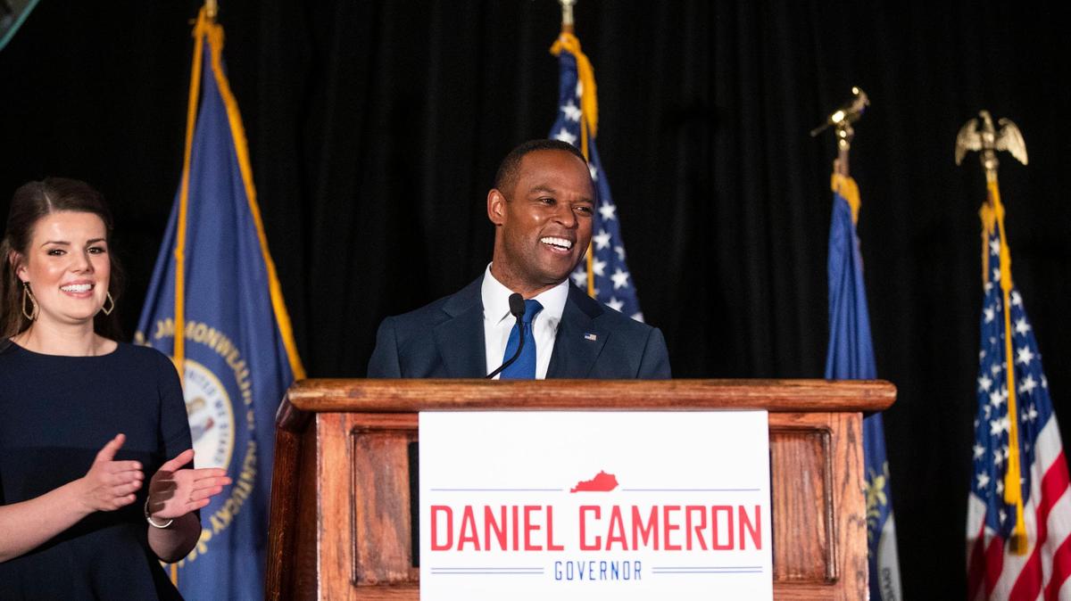 Gubernatorial candidate Daniel Cameron speaks to supporters after securing the Republican primary election at an election night event at the Galt House in Louisville, Ky., Tuesday, May 16, 2023.