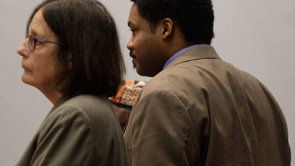 Along with defense attorney Sally Wasielewski, left, Glenn Doneghy watched as the jury left the room on Thursday. Jurors convicted Doneghy of second-degree manslaughter in the hit-and-run death of Lexington police officer Bryan Durman.