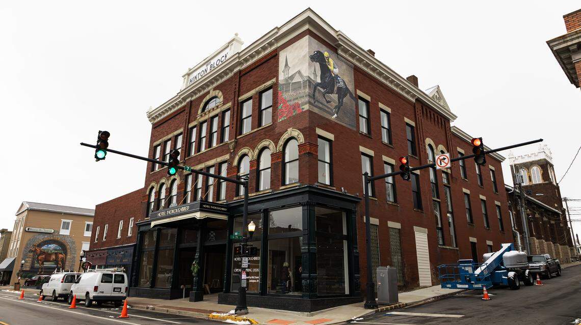 Exterior shot of Hotel Thoroughbred, a 19-room boutique hotel undergoing restoration in downtown Paris, Ky, on Dec. 4, 2025.