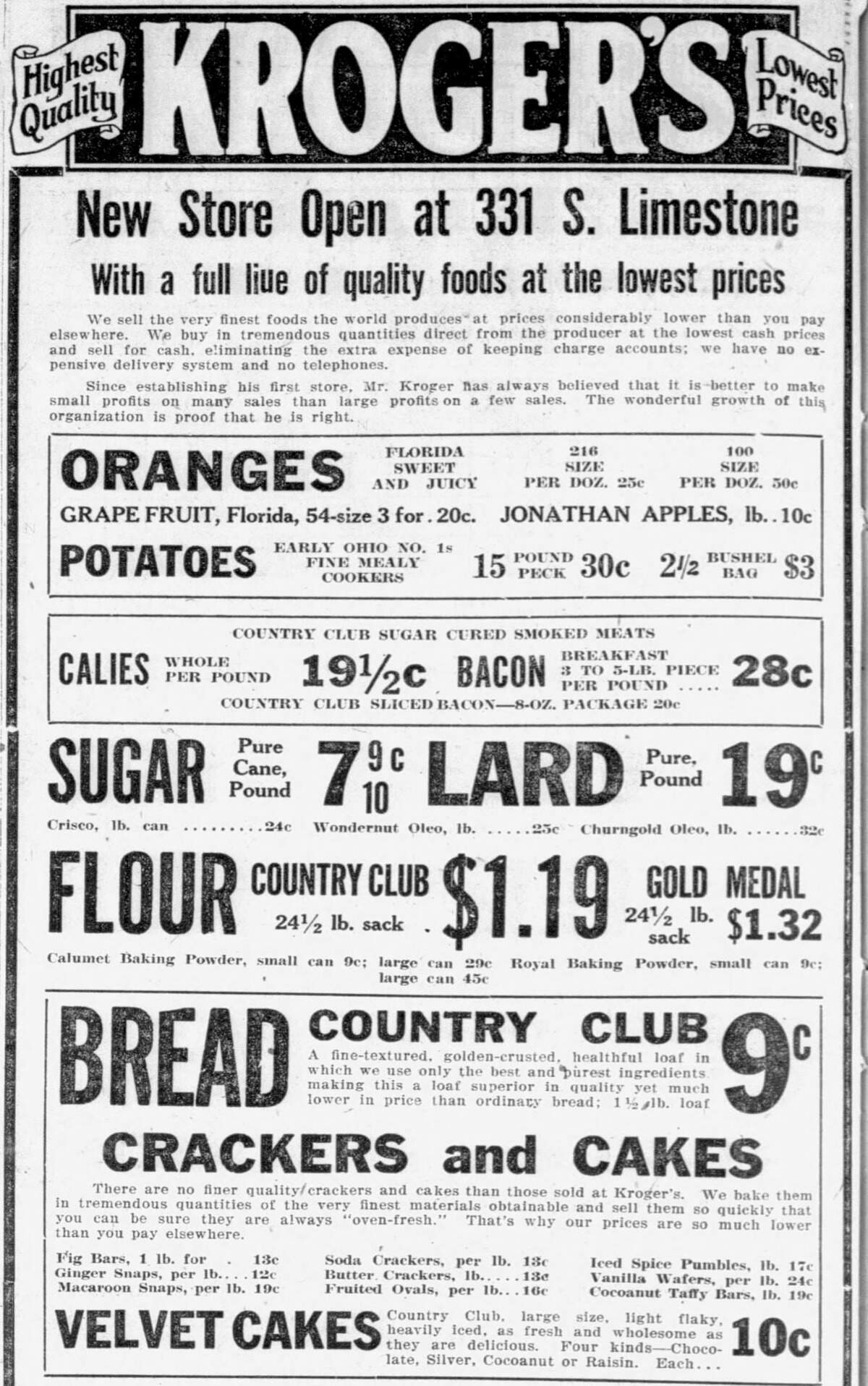 The first Kroger advertisement ever to run in the Lexington Leader, Jan 8, 1925. The Leader was the afternoon paper in Lexington, later merging with the Lexington Herald in 1983. The S. Limestone store was located next door to where bar Two Key’s Tavern operated for 66 years.