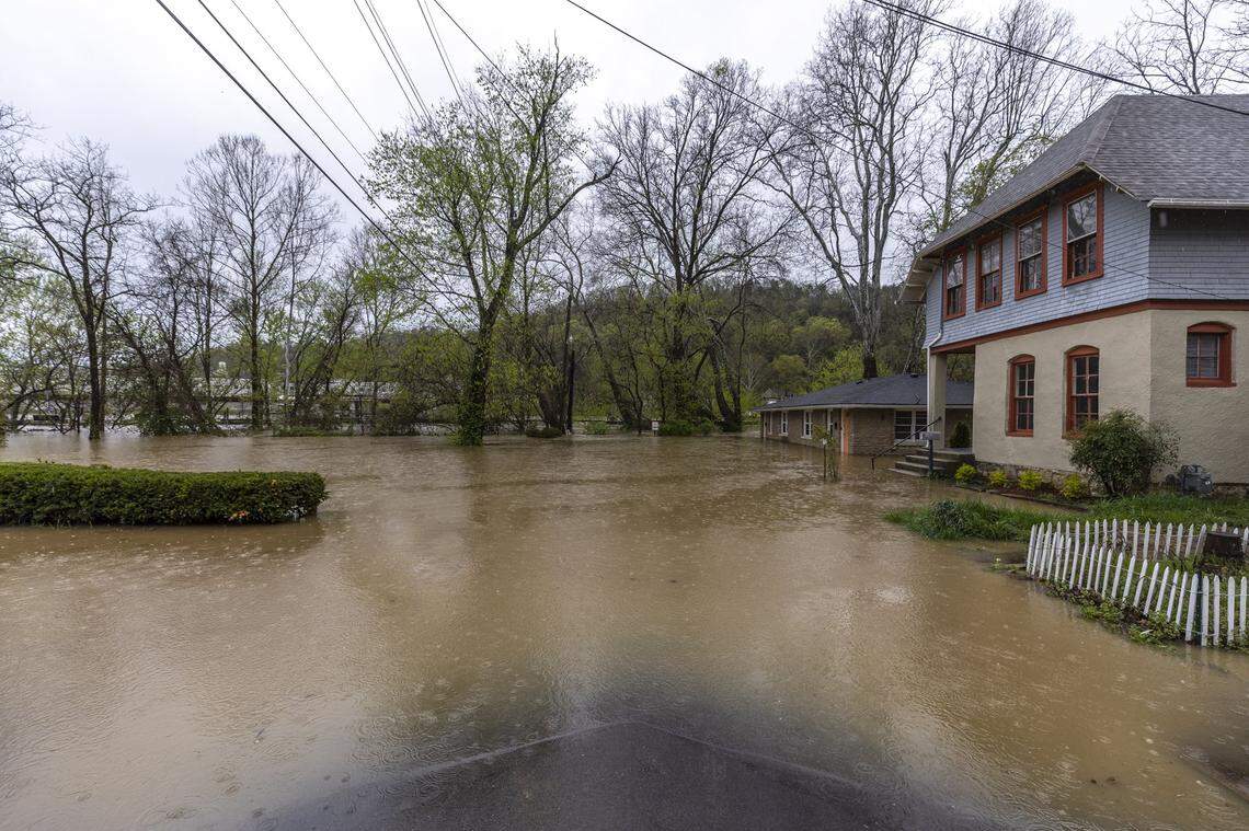 The Kentucky River floods Watson Court in downtown Frankfort, Ky., on Saturday, April 5, 2025.