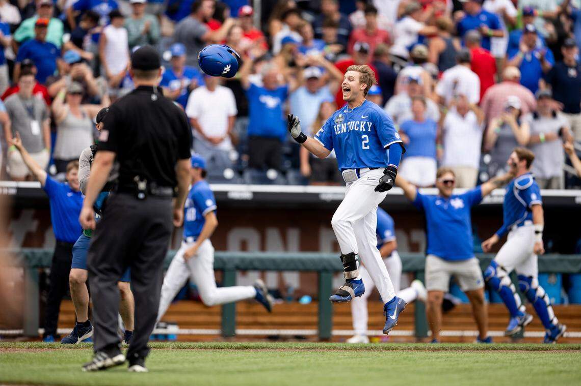 Kentucky’s Mitchell Daly (2) celebrates after hitting the game-winning home run against N.C. State in the 10th inning in the team’s College World Series opener Saturday.