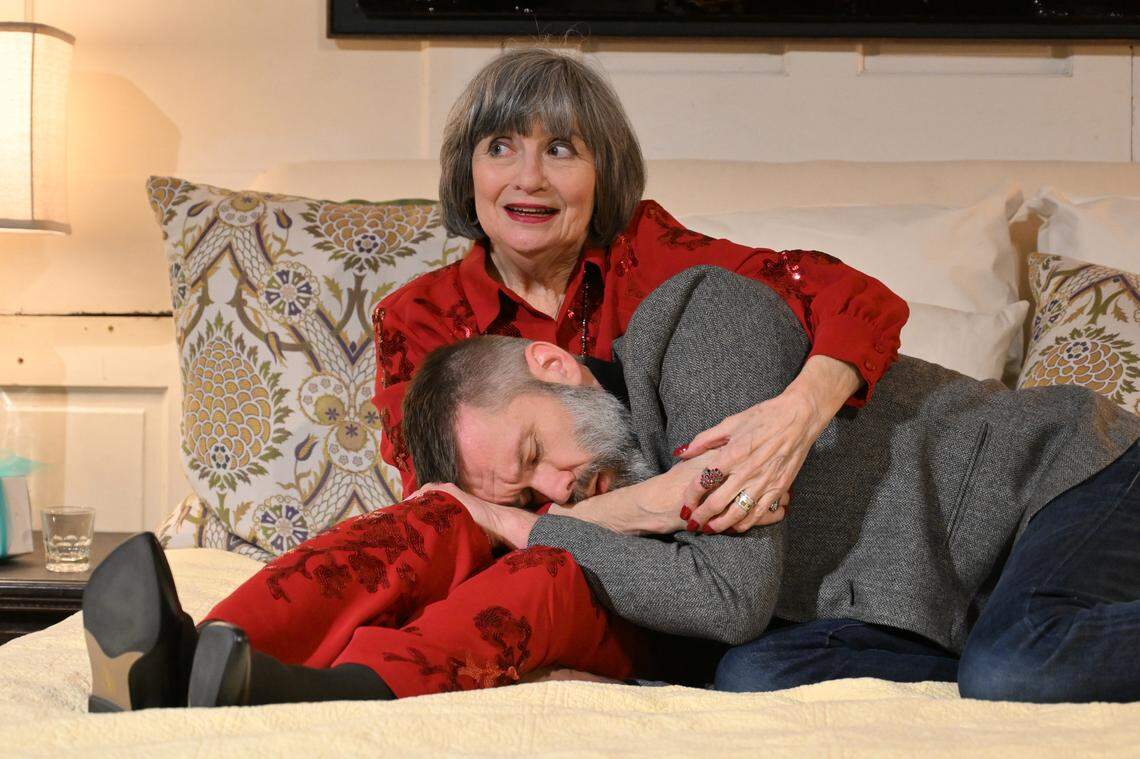 Eleanor (Missy Johnston) comforts Richard (Shayne Brakefield), who is distraught over the succession fight. On the Verge Theatre presents “The Lion in Winter” at Luigart Studio, 110 Luigart Court in Lexington, Kentucky, Jan. 23-Feb. 1. This photo was taken at a rehearsal Jan. 17, 2025.