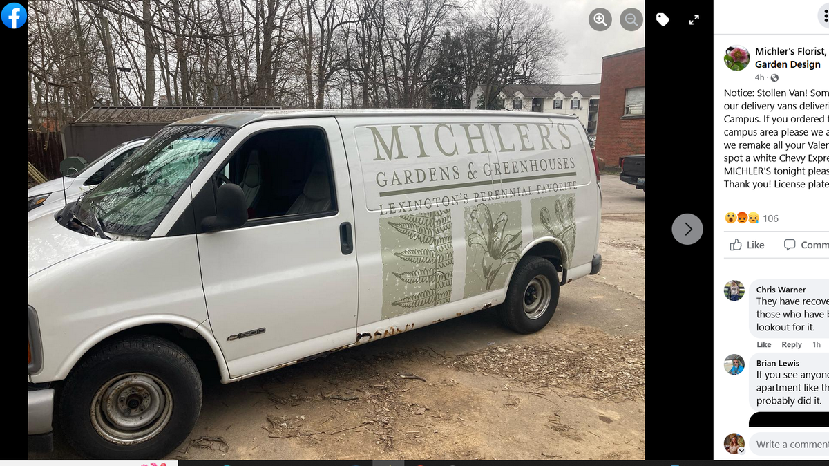 Michler’s Florist, Greenhouses, and Garden Design said in a social media post that the shop’s van was stolen while delivering flowers on the University of Kentucky campus Tuesday.