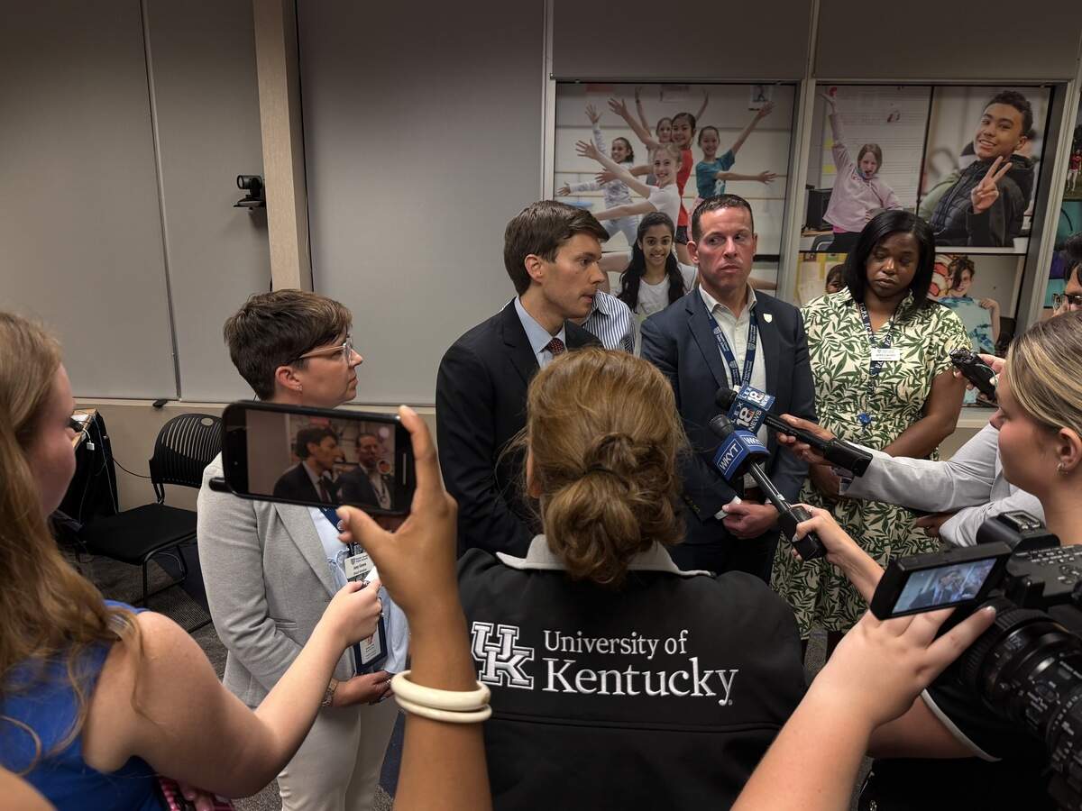 Fayette County Board of Education Chair Tyler Murphy and other Fayette County education officials speak to media after Superintendent Demetrus Liggins was placed on paid leave.
