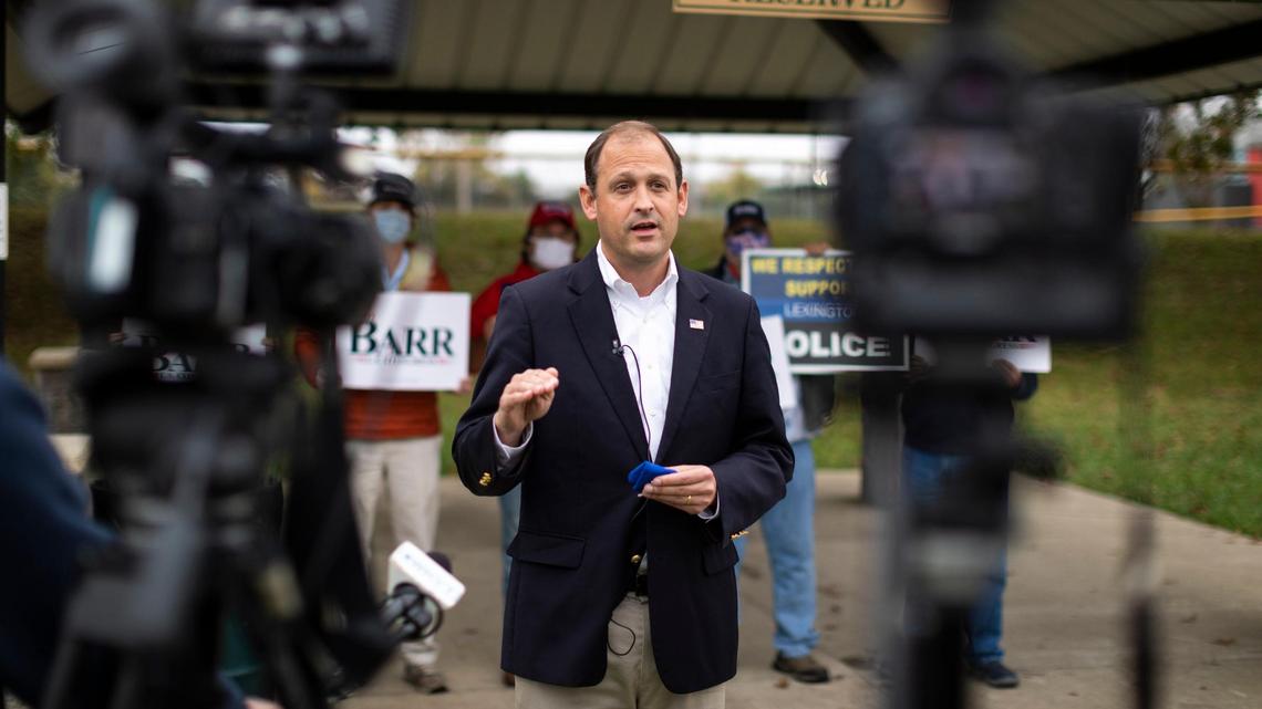 Rep. Andy Barr speaks with reporters and supporters before voting at the Senior Center in Lexington, Ky., Tuesday, October 27, 2020.