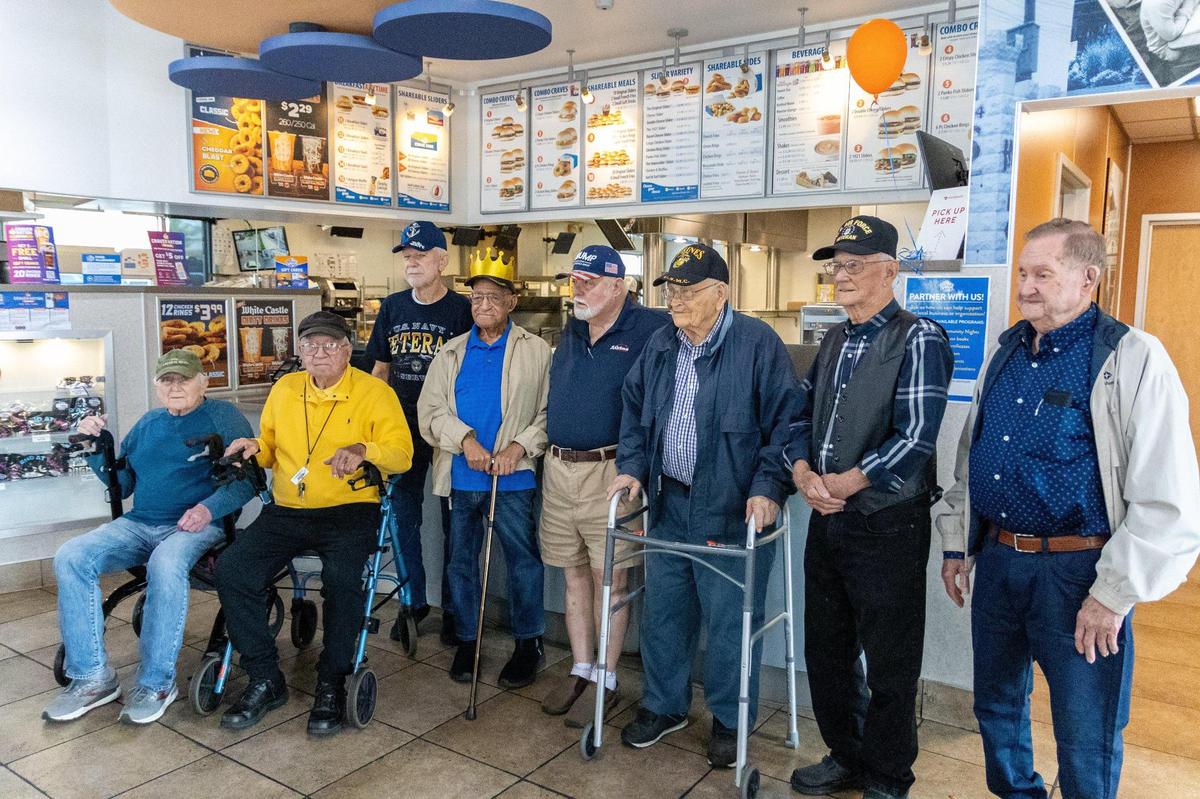 John Hughes, a World War II veteran, celebrated his 99th birthday with his veteran friends he regularly gathers with for breakfast at White Castle on East Reynolds Road, May 31, 2025.