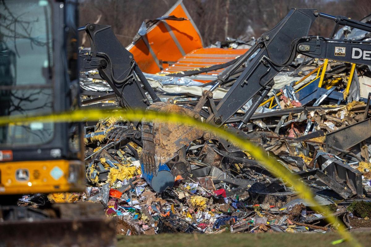 Search are rescue efforts are underway at Mayfield Consumer Products, a candle factory, Saturday, Dec. 11, 2021, after a tornado traveled through the region Friday night.