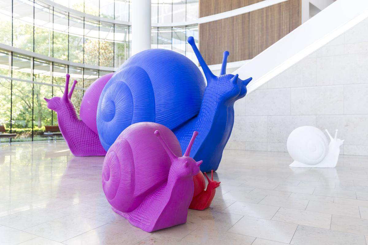 Two plastic snails designed by Cracking Art Group are on display in the lobby of the Indianapolis Museum of Art.  They are part of the Summer Wonderland: Spectacular Creatures exhibition which runs through August 26.