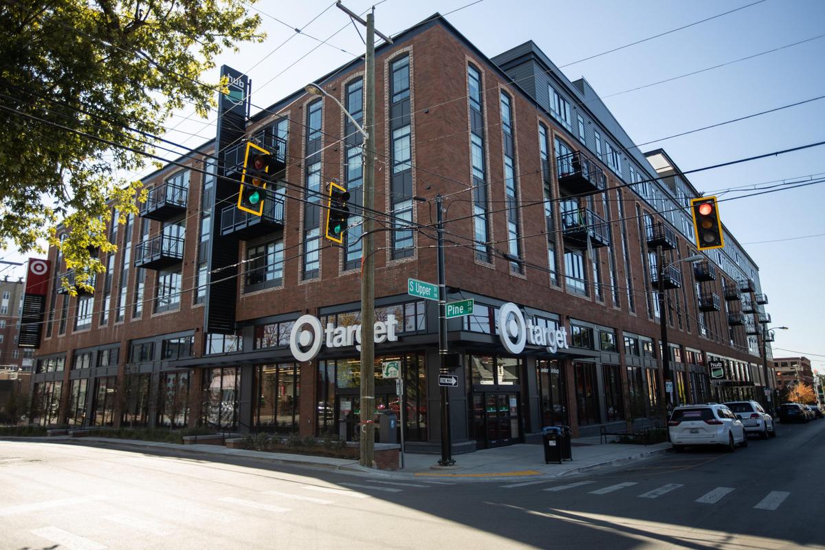 The Hub student apartment complex and Target campus store on the corner of Pine and Upper streets. October 18, 2019.