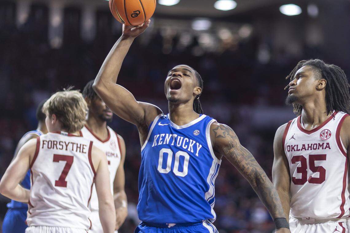 Kentucky guard Otega Oweh (00) reacts during Wednesday’s game against Oklahoma at Lloyd Noble Center in Norman, Okla.