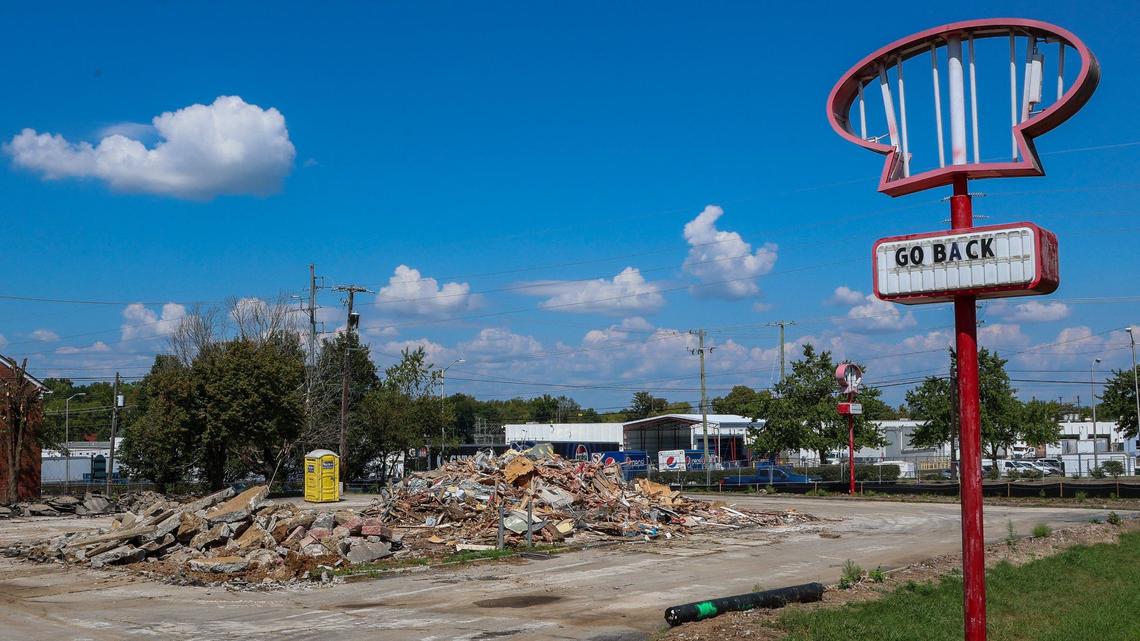 Rubble sits in a pile Friday, Sept. 6, 2024 after the Lee’s Famous Recipe Chicken restaurant location at the corner of Versailles Road and Red Mile Road in Lexington, Ky. was demolished. A new Speedway convenience store and gas station is being built on the property at 1318 Versailles Rd.